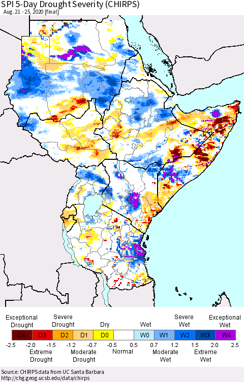 Eastern Africa SPI 5-Day Drought Severity (CHIRPS) Thematic Map For 8/21/2020 - 8/25/2020