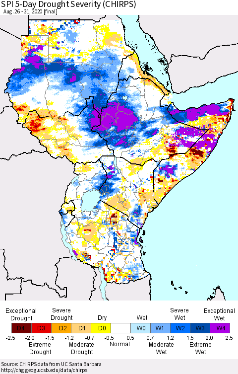 Eastern Africa SPI 5-Day Drought Severity (CHIRPS) Thematic Map For 8/26/2020 - 8/31/2020