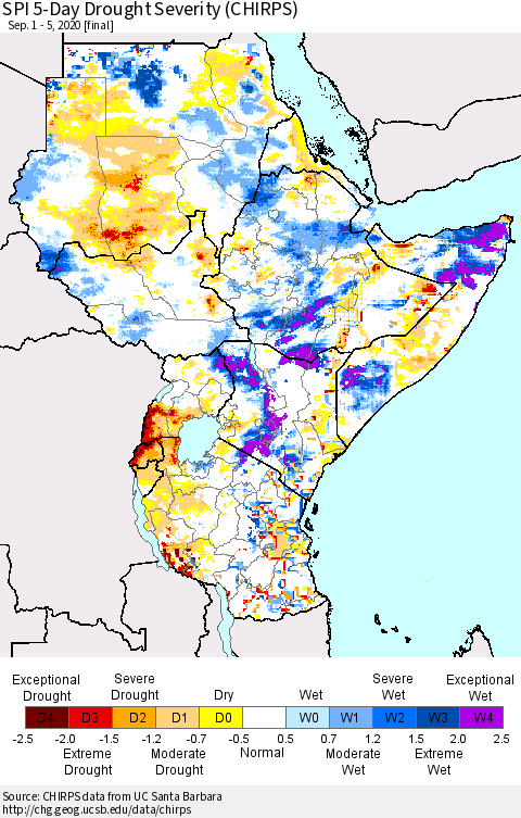 Eastern Africa SPI 5-Day Drought Severity (CHIRPS) Thematic Map For 9/1/2020 - 9/5/2020