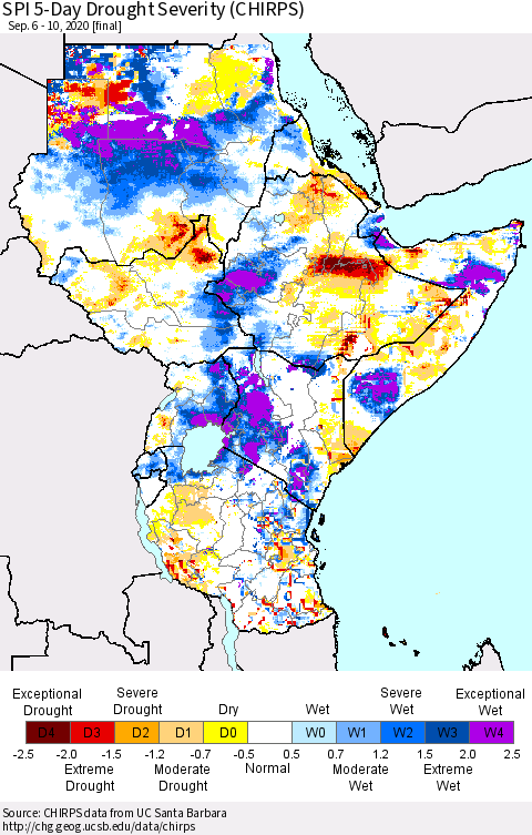Eastern Africa SPI 5-Day Drought Severity (CHIRPS) Thematic Map For 9/6/2020 - 9/10/2020
