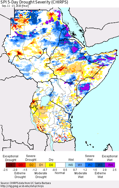 Eastern Africa SPI 5-Day Drought Severity (CHIRPS) Thematic Map For 9/11/2020 - 9/15/2020
