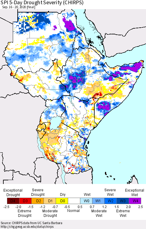 Eastern Africa SPI 5-Day Drought Severity (CHIRPS) Thematic Map For 9/16/2020 - 9/20/2020