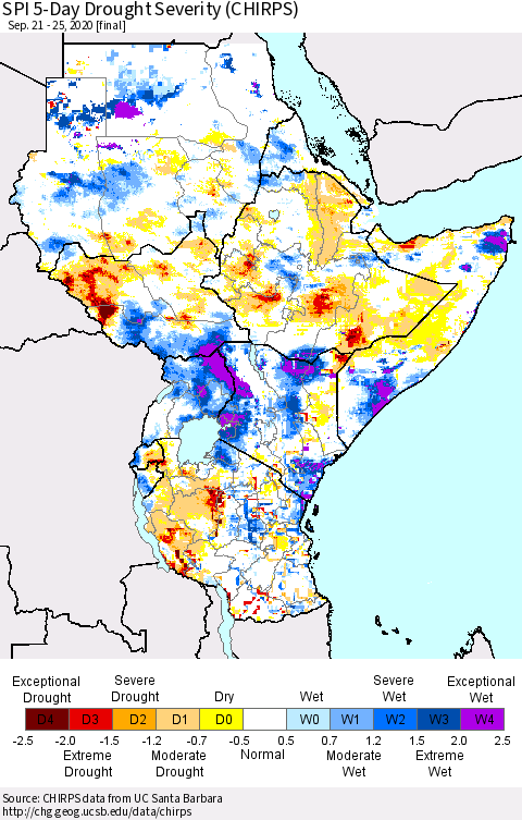 Eastern Africa SPI 5-Day Drought Severity (CHIRPS) Thematic Map For 9/21/2020 - 9/25/2020