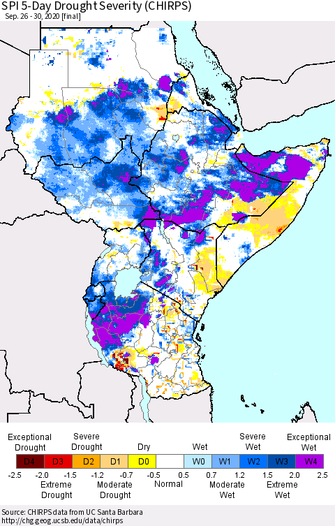 Eastern Africa SPI 5-Day Drought Severity (CHIRPS) Thematic Map For 9/26/2020 - 9/30/2020