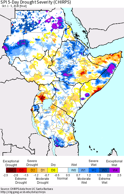 Eastern Africa SPI 5-Day Drought Severity (CHIRPS) Thematic Map For 10/1/2020 - 10/5/2020