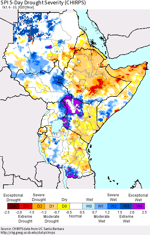 Eastern Africa SPI 5-Day Drought Severity (CHIRPS) Thematic Map For 10/6/2020 - 10/10/2020