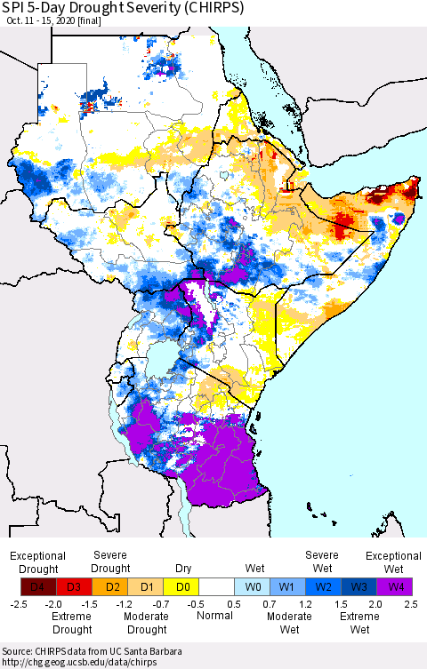 Eastern Africa SPI 5-Day Drought Severity (CHIRPS) Thematic Map For 10/11/2020 - 10/15/2020