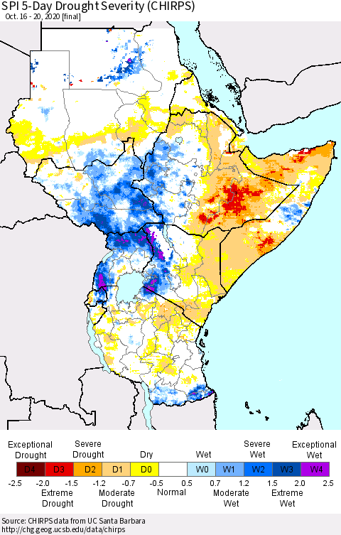 Eastern Africa SPI 5-Day Drought Severity (CHIRPS) Thematic Map For 10/16/2020 - 10/20/2020