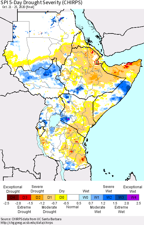 Eastern Africa SPI 5-Day Drought Severity (CHIRPS) Thematic Map For 10/21/2020 - 10/25/2020