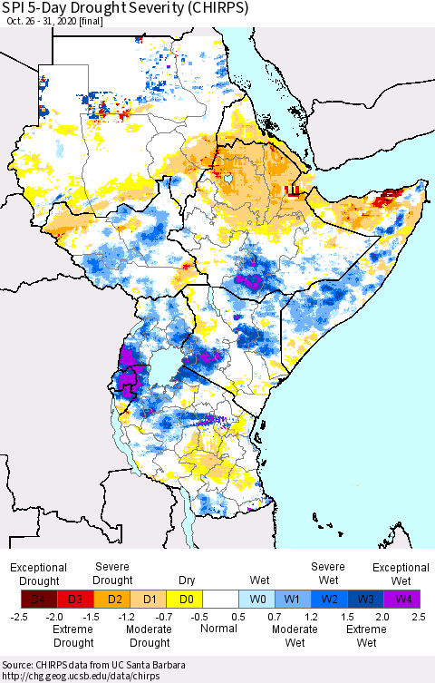 Eastern Africa SPI 5-Day Drought Severity (CHIRPS) Thematic Map For 10/26/2020 - 10/31/2020
