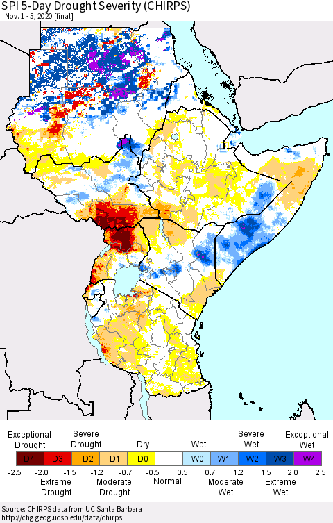 Eastern Africa SPI 5-Day Drought Severity (CHIRPS) Thematic Map For 11/1/2020 - 11/5/2020