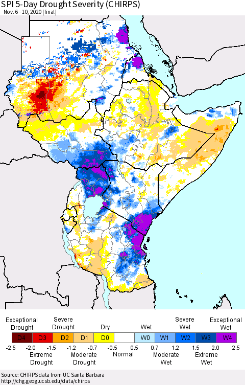 Eastern Africa SPI 5-Day Drought Severity (CHIRPS) Thematic Map For 11/6/2020 - 11/10/2020