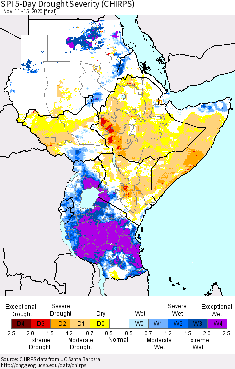 Eastern Africa SPI 5-Day Drought Severity (CHIRPS) Thematic Map For 11/11/2020 - 11/15/2020