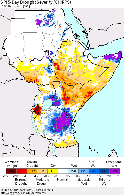 Eastern Africa SPI 5-Day Drought Severity (CHIRPS) Thematic Map For 11/16/2020 - 11/20/2020
