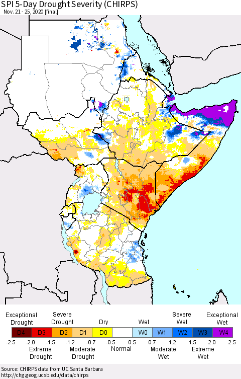 Eastern Africa SPI 5-Day Drought Severity (CHIRPS) Thematic Map For 11/21/2020 - 11/25/2020