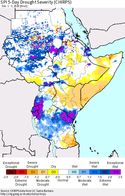Eastern Africa SPI 5-Day Drought Severity (CHIRPS) Thematic Map For 12/1/2020 - 12/5/2020