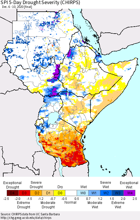 Eastern Africa SPI 5-Day Drought Severity (CHIRPS) Thematic Map For 12/6/2020 - 12/10/2020