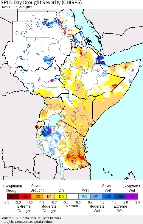 Eastern Africa SPI 5-Day Drought Severity (CHIRPS) Thematic Map For 12/11/2020 - 12/15/2020