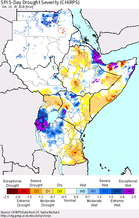 Eastern Africa SPI 5-Day Drought Severity (CHIRPS) Thematic Map For 12/16/2020 - 12/20/2020