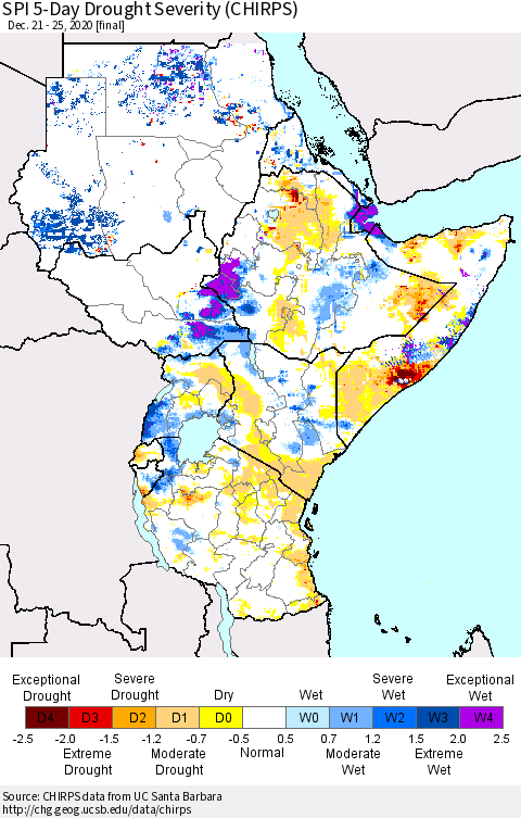 Eastern Africa SPI 5-Day Drought Severity (CHIRPS) Thematic Map For 12/21/2020 - 12/25/2020