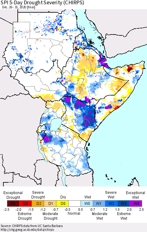 Eastern Africa SPI 5-Day Drought Severity (CHIRPS) Thematic Map For 12/26/2020 - 12/31/2020