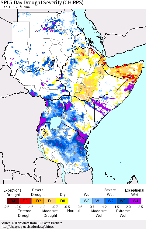Eastern Africa SPI 5-Day Drought Severity (CHIRPS) Thematic Map For 1/1/2021 - 1/5/2021