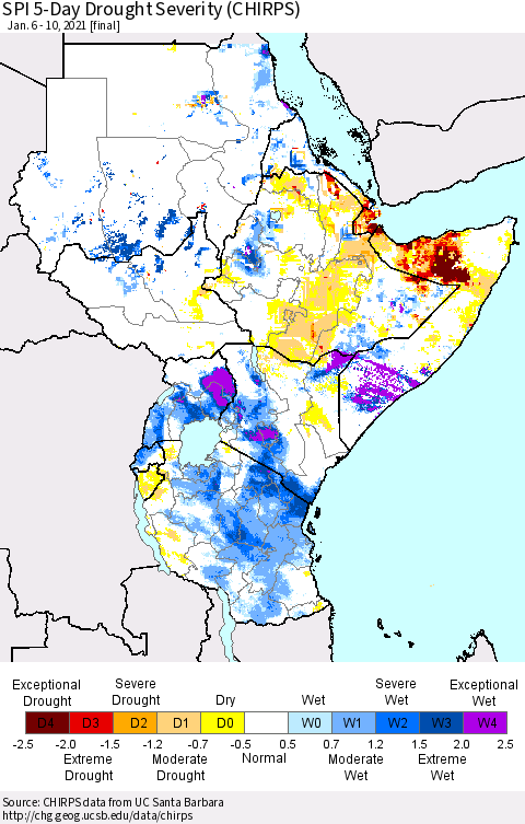 Eastern Africa SPI 5-Day Drought Severity (CHIRPS) Thematic Map For 1/6/2021 - 1/10/2021