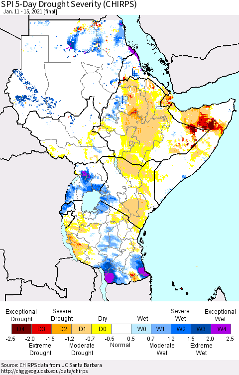 Eastern Africa SPI 5-Day Drought Severity (CHIRPS) Thematic Map For 1/11/2021 - 1/15/2021