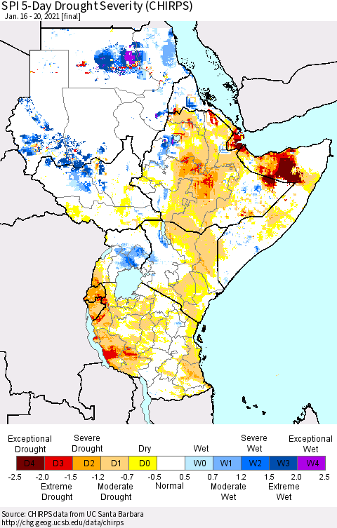 Eastern Africa SPI 5-Day Drought Severity (CHIRPS) Thematic Map For 1/16/2021 - 1/20/2021