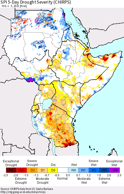 Eastern Africa SPI 5-Day Drought Severity (CHIRPS) Thematic Map For 2/1/2021 - 2/5/2021