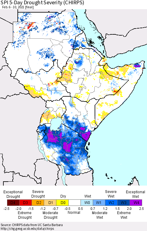 Eastern Africa SPI 5-Day Drought Severity (CHIRPS) Thematic Map For 2/6/2021 - 2/10/2021