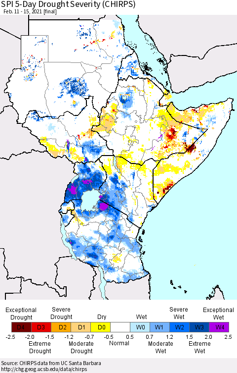 Eastern Africa SPI 5-Day Drought Severity (CHIRPS) Thematic Map For 2/11/2021 - 2/15/2021