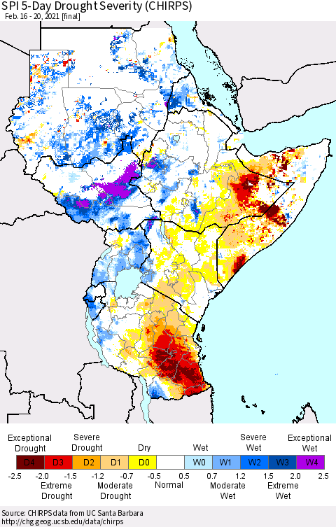 Eastern Africa SPI 5-Day Drought Severity (CHIRPS) Thematic Map For 2/16/2021 - 2/20/2021