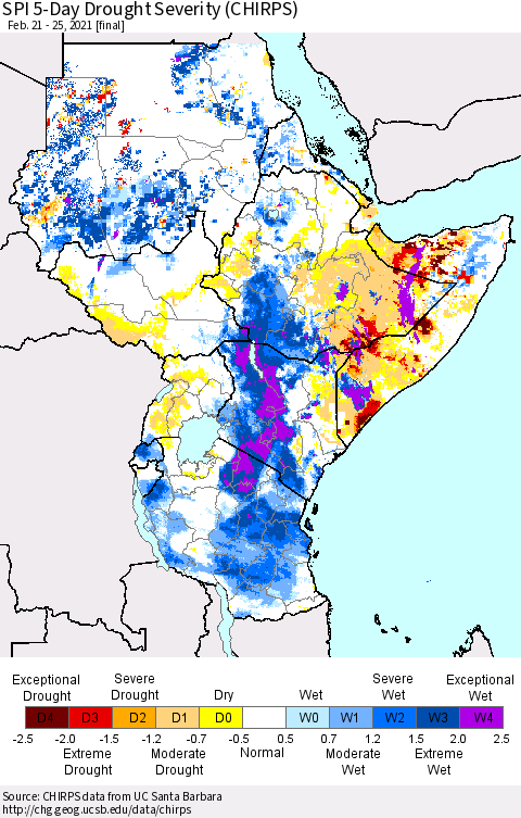Eastern Africa SPI 5-Day Drought Severity (CHIRPS) Thematic Map For 2/21/2021 - 2/25/2021