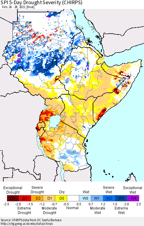 Eastern Africa SPI 5-Day Drought Severity (CHIRPS) Thematic Map For 2/26/2021 - 2/28/2021