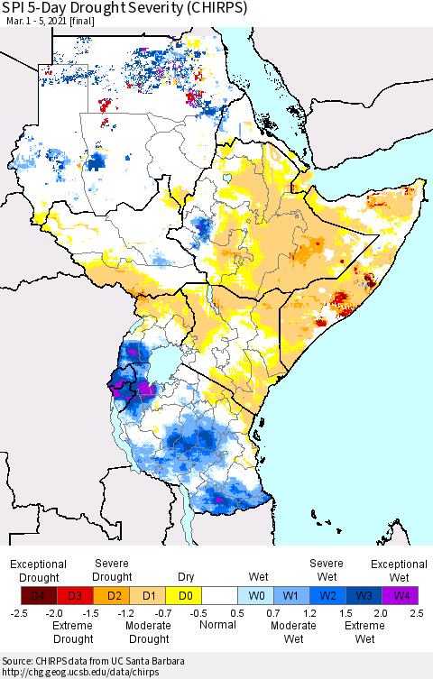 Eastern Africa SPI 5-Day Drought Severity (CHIRPS) Thematic Map For 3/1/2021 - 3/5/2021