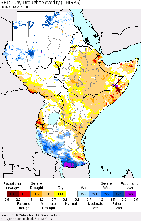 Eastern Africa SPI 5-Day Drought Severity (CHIRPS) Thematic Map For 3/6/2021 - 3/10/2021