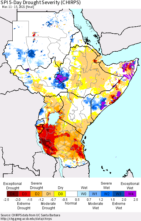Eastern Africa SPI 5-Day Drought Severity (CHIRPS) Thematic Map For 3/11/2021 - 3/15/2021