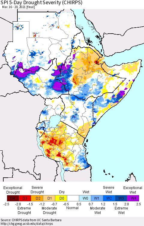 Eastern Africa SPI 5-Day Drought Severity (CHIRPS) Thematic Map For 3/16/2021 - 3/20/2021