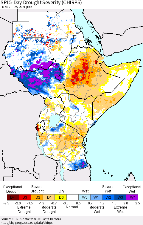 Eastern Africa SPI 5-Day Drought Severity (CHIRPS) Thematic Map For 3/21/2021 - 3/25/2021