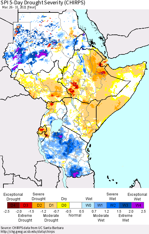 Eastern Africa SPI 5-Day Drought Severity (CHIRPS) Thematic Map For 3/26/2021 - 3/31/2021