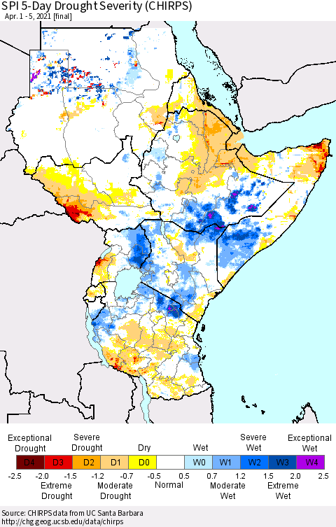 Eastern Africa SPI 5-Day Drought Severity (CHIRPS) Thematic Map For 4/1/2021 - 4/5/2021