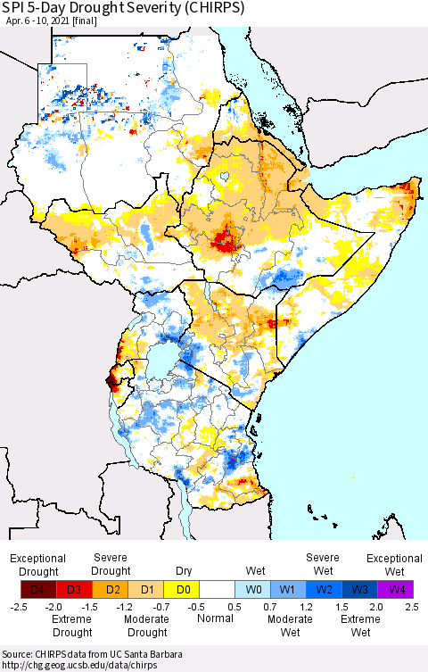 Eastern Africa SPI 5-Day Drought Severity (CHIRPS) Thematic Map For 4/6/2021 - 4/10/2021