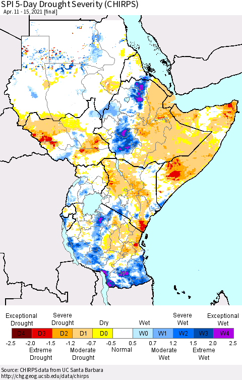 Eastern Africa SPI 5-Day Drought Severity (CHIRPS) Thematic Map For 4/11/2021 - 4/15/2021