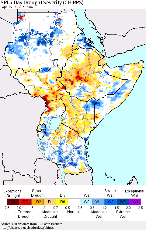 Eastern Africa SPI 5-Day Drought Severity (CHIRPS) Thematic Map For 4/16/2021 - 4/20/2021