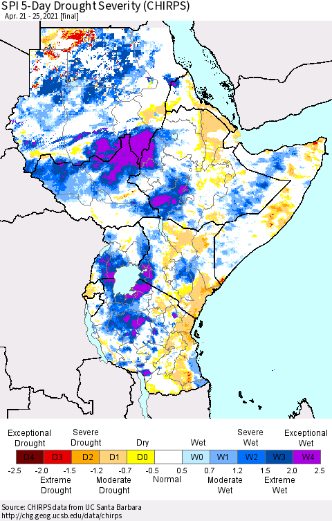 Eastern Africa SPI 5-Day Drought Severity (CHIRPS) Thematic Map For 4/21/2021 - 4/25/2021