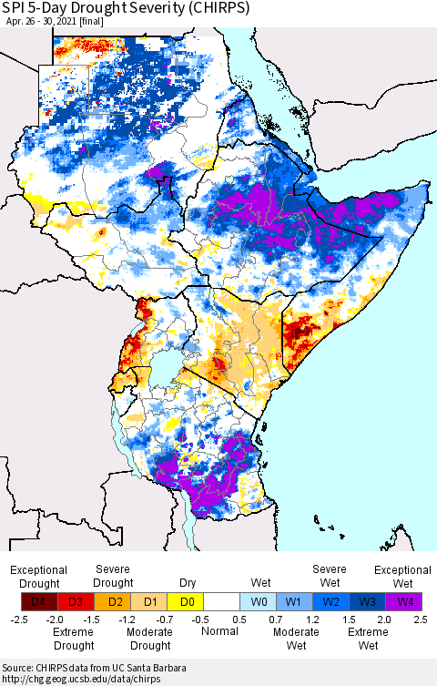 Eastern Africa SPI 5-Day Drought Severity (CHIRPS) Thematic Map For 4/26/2021 - 4/30/2021