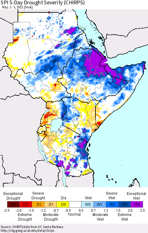 Eastern Africa SPI 5-Day Drought Severity (CHIRPS) Thematic Map For 5/1/2021 - 5/5/2021