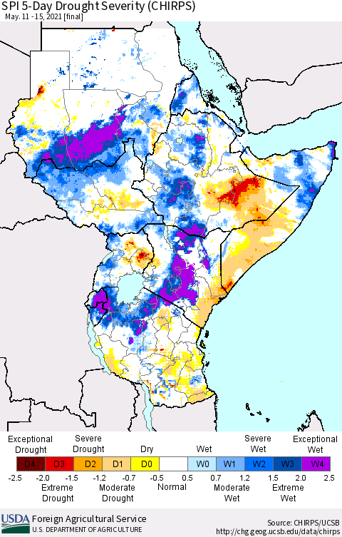 Eastern Africa SPI 5-Day Drought Severity (CHIRPS) Thematic Map For 5/11/2021 - 5/15/2021