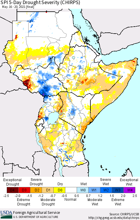 Eastern Africa SPI 5-Day Drought Severity (CHIRPS) Thematic Map For 5/16/2021 - 5/20/2021